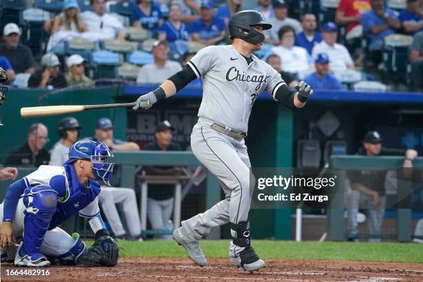 Gavin Sheets of the Chicago White Sox hits an RBI double in the fourth inning against the Kansas City Royals at Kauffman Stadium on September 06,...