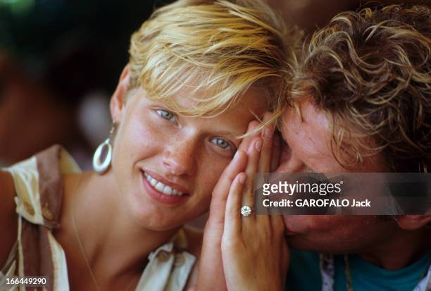 Rendezvous With Johnny Hallyday With Canadian Companion Leah. Saint-Tropez- 4 aout 1988- Portrait de Johnny HALLYDAY en vacances avec sa compagne...