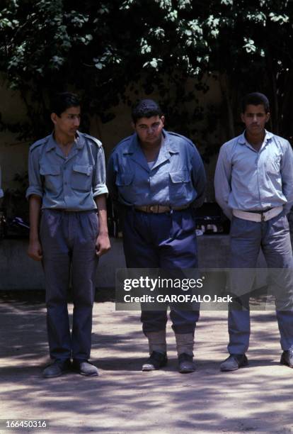 The War Between Israel And Egypt. Egypte- juin 1967- Le conflit israélo-égyptien: troiségyptiens, chemise bleue sur pantalon bleu posent debout côte...