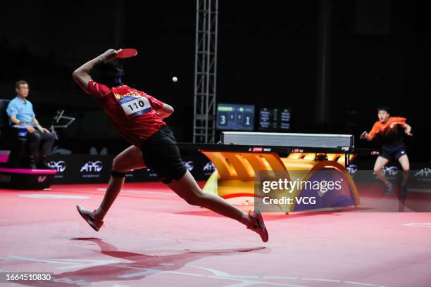 Wang Chuqin of Team China competes in the Men's Teams Final match against Team Chinese Taipei on day 4 of 2023 Pyeongchang Asian Table Tennis...