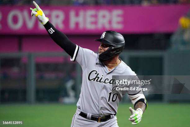 Yoan Moncada of the Chicago White Sox celebrates his home run as he rounds the bases in the sixth inning against the Kansas City Royals at Kauffman...