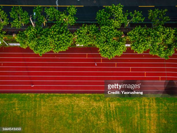aerial view of runners running on red tartan track in the morning, like music note - campo de esportes - fotografias e filmes do acervo