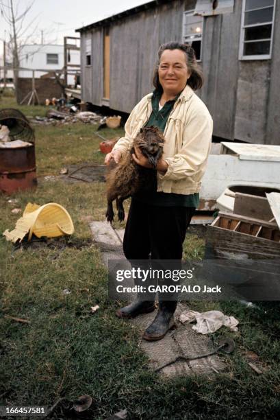 The Acadians Of Louisiana. Louisiane-mars 1972- Les Cadiens , descendants des Acadiens de Nouvelle-France: portrait d'une femme trappeur exhibant sa...