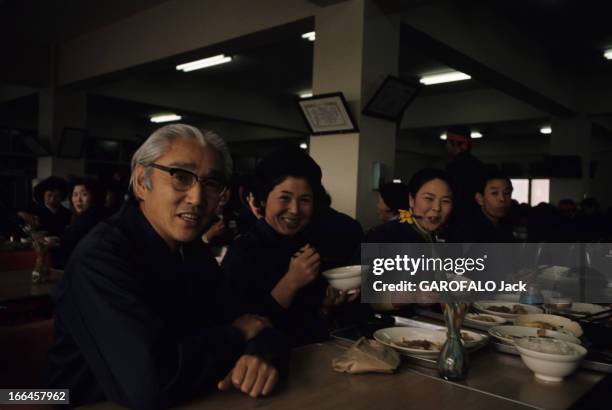 Close-Up Of Masaru Ibuka And Akio Morita , Co-Founders Of Sony. Au Japon, en janvier 1973, le co-fondateur de la firme 'SONY', AKIO MORITA souriant,...