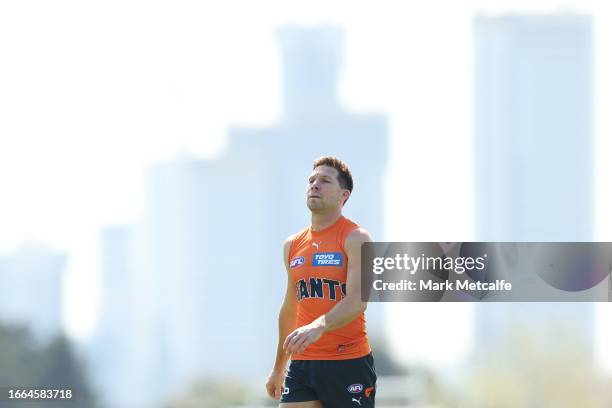 Toby Greene looks on during the Greater Western Sydney Giants AFL training session at VAILO Community Centre on September 07, 2023 in Sydney,...