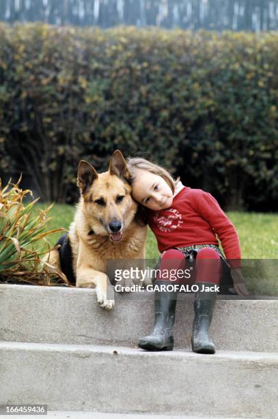 Dogs. En novembre 1974, portrait en extérieur d'une fillette assise sur un escalier, posant sa tête contre un chien berger allemand allongé à ses...