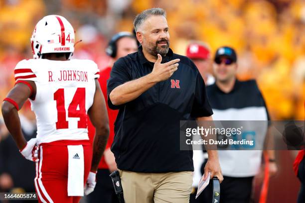 Head coach Matt Rhule of the Nebraska Cornhuskers reacts to a play on the field in the first half against the Minnesota Golden Gophers at Huntington...
