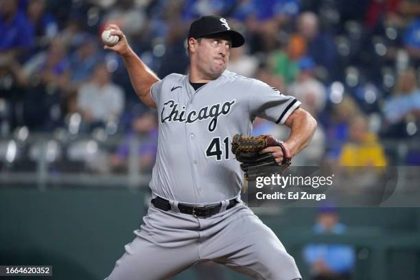 Bryan Shaw of the Chicago White Sox pitches in the ninth inning against the Kansas City Royals at Kauffman Stadium on September 06, 2023 in Kansas...