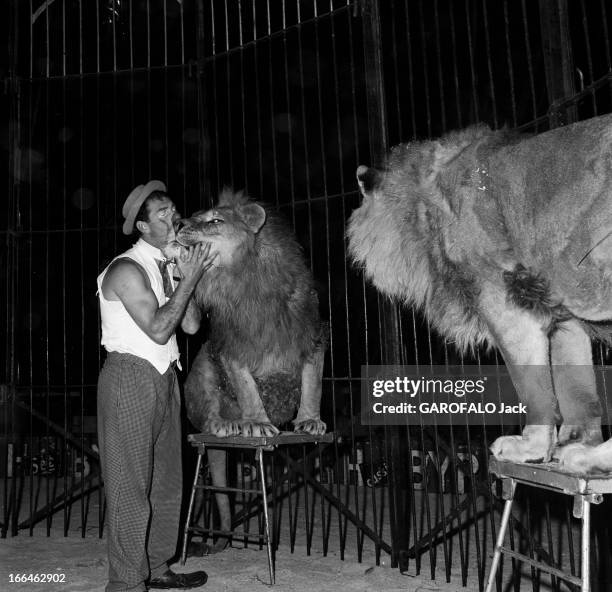 Circus Achille Zavatta. La troupe d'Achille ZAVATTA lors d'une tournée : ici déguisé en clown, dans une cage, embrasse un des deux lions assis sur...