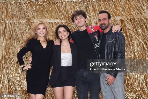 Itatí Cantoral, Karla Gaytan, Diego Peniche and Ariel Miramontes pose for photos during the first day of filming of the movie 'Desastre en Familia'...