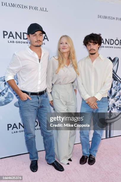 Brandon Lee, Pamela Anderson, Dylan Lee attend as Pandora Celebrates Lab Grown Diamonds With A New Diamond District on September 06, 2023 in New York...