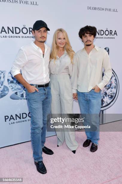 Brandon Lee, Pamela Anderson, Dylan Lee attend as Pandora Celebrates Lab Grown Diamonds With A New Diamond District on September 06, 2023 in New York...