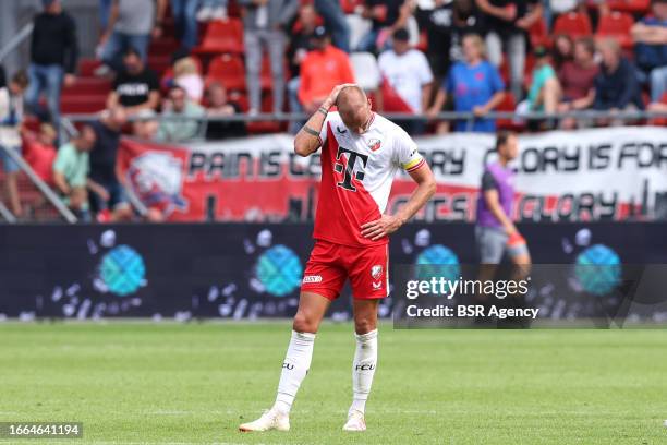 Mike van der Hoorn of FC Utrecht is disappointed during the Dutch Eredivisie match between FC Utrecht and Feyenoord Rotterdam at Galgenwaard on...