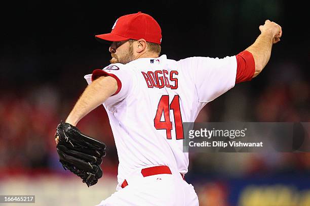 Reliever Mitchell Boggs of the St. Louis Cardinals pitches against the Milwaukee Brewers in the ninth inning at Busch Stadium on April 12, 2013 in...