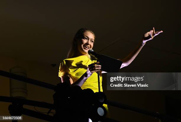 Gigi Hadid speaks onstage as Victoria's Secret Celebrates The Tour '23 at The Manhattan Center on September 06, 2023 in New York City.