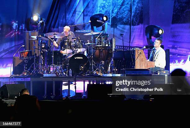 Musicians Graham Coxon, Dave Rowntree, Damon Albarn and Alex James of Blur perform onstage during day 1 of the 2013 Coachella Valley Music & Arts...