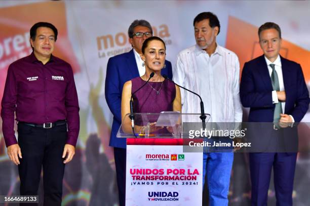 Claudia Sheinbaum, Morena's party presidential candidate, speaks during the announcement of the new National Coordinator of the Defense Committees of...