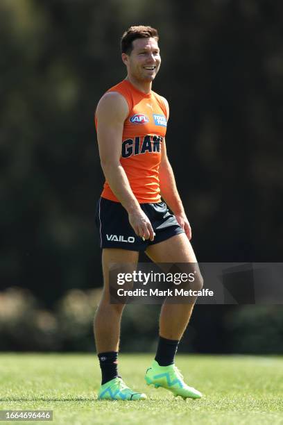 Toby Greene smiles during the Greater Western Sydney Giants AFL training session at VAILO Community Centre on September 07, 2023 in Sydney, Australia.