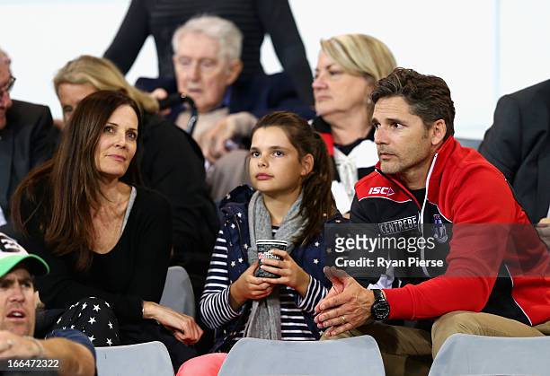 Actor Eric Bana, daughter Sophia and wife Rebecca Gleeson look on during the round three AFL match between the Greater Western Sydney Giants and the...