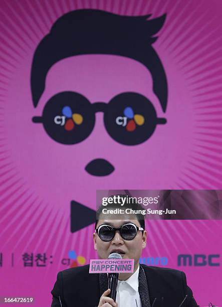 Singer PSY attends a press conference before his concert to introduce his new single 'Gentleman' at Olympic Stadium on April 13, 2013 in Seoul, South...