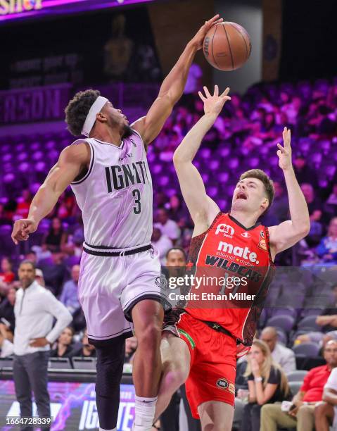 Admon Gilder of G League Ignite blocks a shot by Michael Harris of the Perth Wildcats in the second half of an NBA G League Fall Invitational game on...