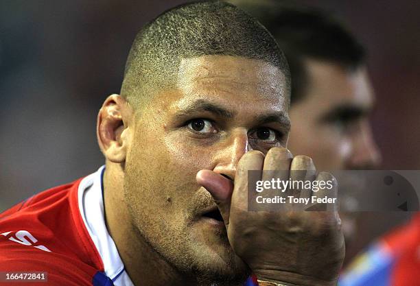 Willie Mason of the Knights looks on during the round six NRL match between the Newcastle Knights and the Penrith Panthers at Hunter Stadium on April...