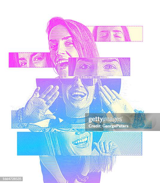 composite image of a cheerful woman with positive emotions - dental composite stock illustrations