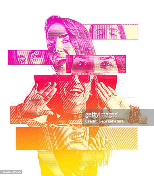 composite image of a cheerful woman with positive emotions - dental composite stock illustrations