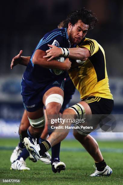 Steven Luatua of the Blues charges forward during the round nine Super Rugby match between the Blues and the Hurricanes at Eden Park on April 13,...