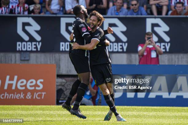 Cuco Martina of NAC Breda, Jan van den Bergh of NAC Breda celebrate the third goal during the Dutch Keuken Kampioen Divisie match between Willem II...