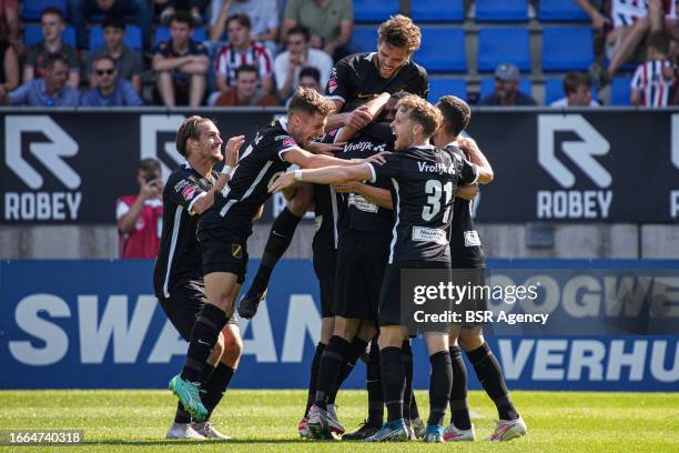 Cuco Martina of NAC Breda, Jan van den Bergh of NAC Breda, players of NAC Breda celebrate the third goal during the Dutch Keuken Kampioen Divisie...