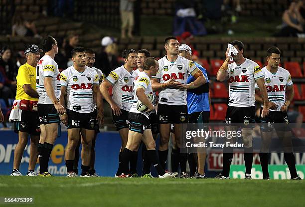 Panthers players looks dejected during the round six NRL match between the Newcastle Knights and the Penrith Panthers at Hunter Stadium on April 13,...