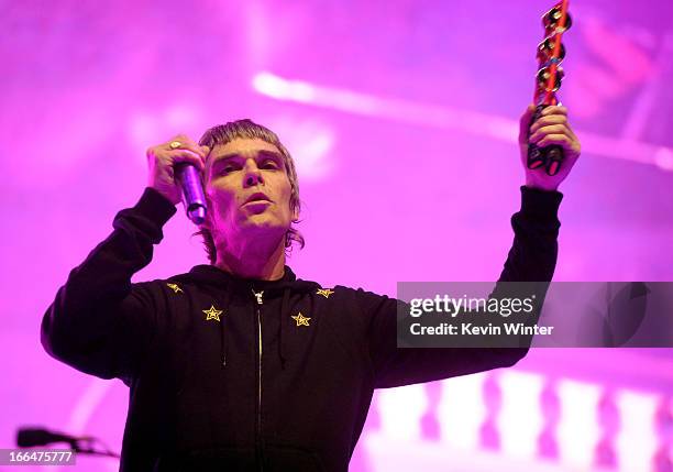 Singer Ian Brown of the band The Stone Roses performs onstage during day 1 of the 2013 Coachella Valley Music & Arts Festival at the Empire Polo Club...