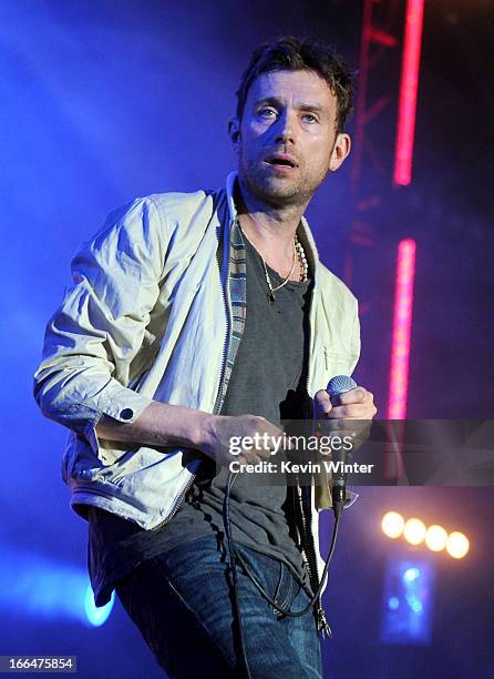 Musician Damon Albarn of the band Blur performs onstage during day 1 of the 2013 Coachella Valley Music & Arts Festival at the Empire Polo Club on...