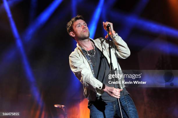 Musician Damon Albarn of the band Blur performs onstage during day 1 of the 2013 Coachella Valley Music & Arts Festival at the Empire Polo Club on...