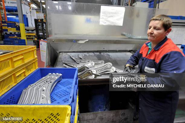 An employee works on the production line of a factory of the European car parts maker, British Wagon automotives, on January 22, 2009 in Orbec,...