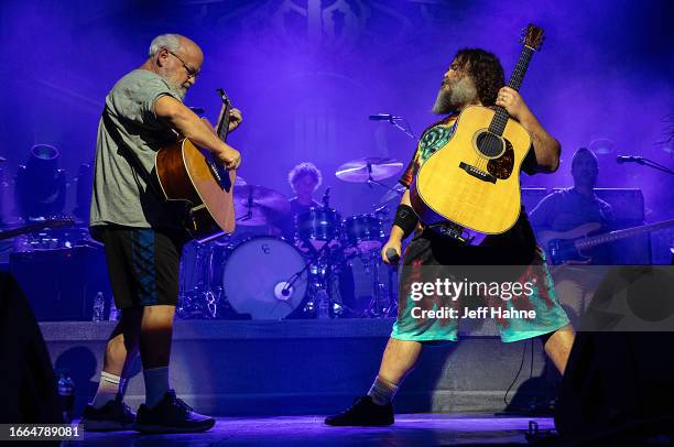 Kyle Gass and Jack Black of Tenacious D perform at PNC Music Pavilion on September 06, 2023 in Charlotte, North Carolina.