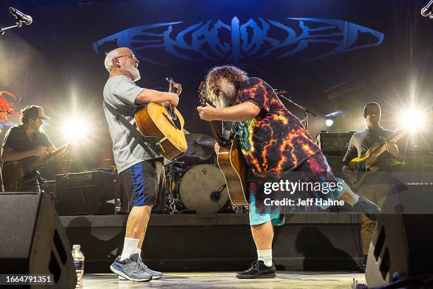 Kyle Gass and Jack Black of Tenacious D perform at PNC Music Pavilion on September 06, 2023 in Charlotte, North Carolina.