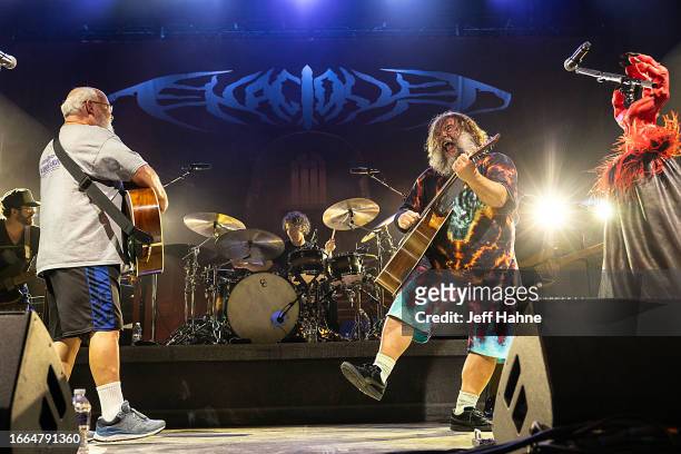 Kyle Gass and Jack Black of Tenacious D perform at PNC Music Pavilion on September 06, 2023 in Charlotte, North Carolina.
