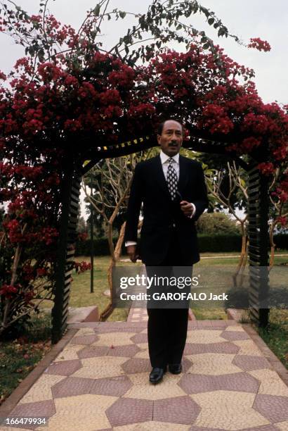 Close-Up Of Anwar El Sadat. En Egypte, en janvier 1975, le président Anouar EL-SADATE, un pipe dans une main marchant dans une allée dallée d'un...