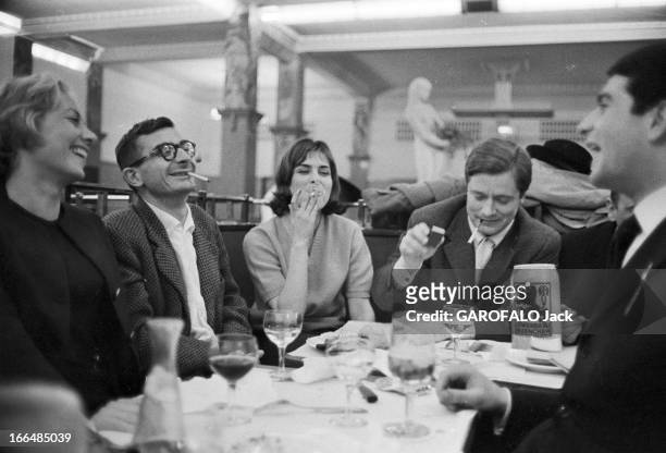 Close-Up Of Claude Chabrol. Mars 1959 Diner à la Coupole. Claude CHABROL tient tête au héros de son film 'Les cousins' : Jean-Claude BRIALY,...