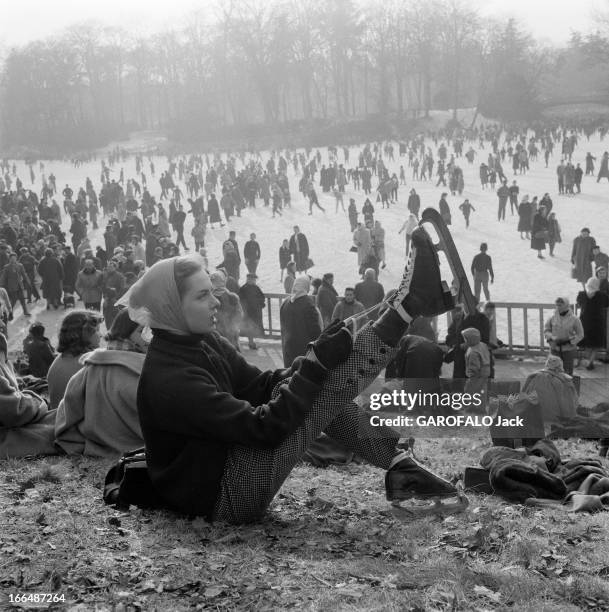 Skating In Bois De Boulogne. En février 1956, à Paris, l'hiver à fait du Bois de Boulogne un terrain de jeu pour les patineurs.Sur le lac recouvert...