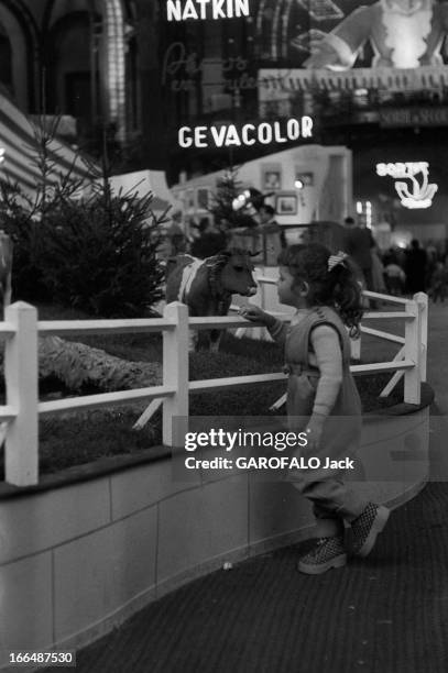 6Th Childhood Fair 1953. Paris, novembre 1953, le 6ème Salon de l'Enfance 1953 au Grand Palais. Une petite fille regarde une vache en peluche sur un...