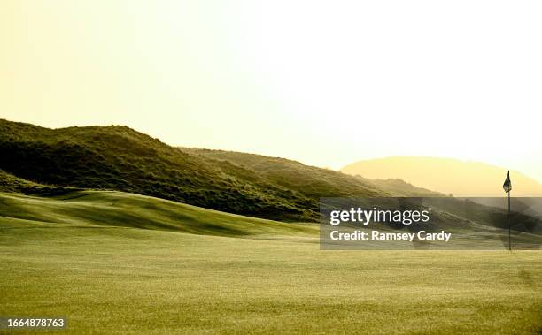 Antrim , United Kingdom - 12 September 2023; A general view of the green on the 592 yard par 5 7th hole, Curran Point, at Royal Portrush Golf Club in...