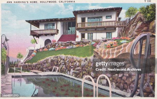 Vintage souvenir postcard published ca 1935 from the Movie Star Homes series, depicting mansions and grand beach estates of Hollywood celebrities in...
