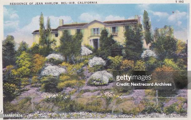Vintage souvenir postcard published 1936 or 1937 from the Movie Star Homes series, depicting mansions and grand beach estates of Hollywood...