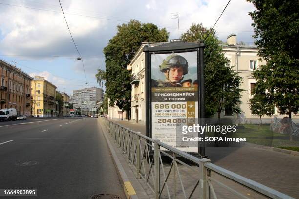 Poster advertising for military recruitment for the Russian Federation seen on a street in Saint Petersburg.