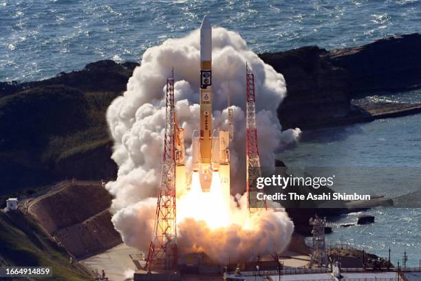 In this aerial image, H-2A Launch Vehicle No. 47 lifts off at the Japan Aerospace Exploration Agency Tanegashima Space Center on September 7, 2023 in...