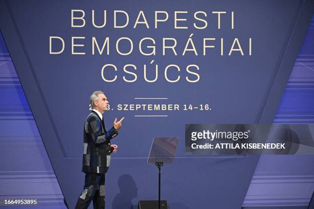 Canadian clinical psychologist Jordan B. Peterson addresses the 5th Demographic Summit in the Fine Arts Museum in Budapest on September 14, 2023. The...