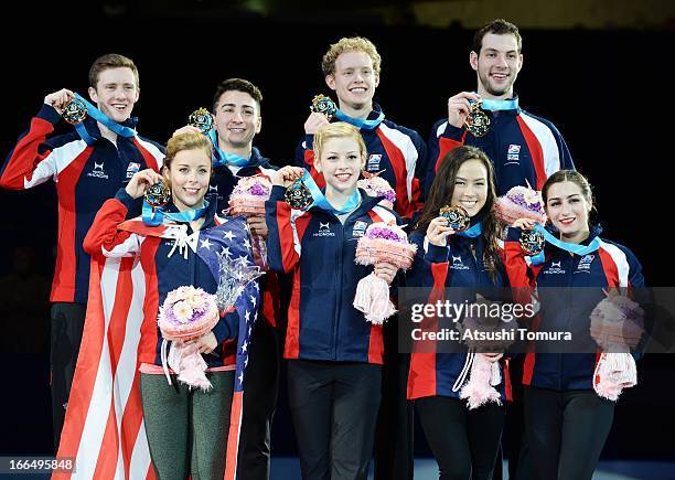 Team skaters celebrate their gold medal during day three of the ISU World Team Trophy at Yoyogi National Gymnasium on April 13, 2013 in Tokyo, Japan.